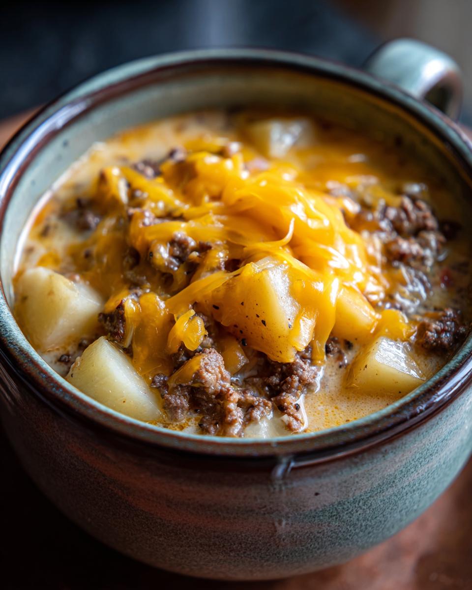 Close-up of a hearty bowl of Cheeseburger Soup With Potatoes topped generously with melted cheddar cheese.
