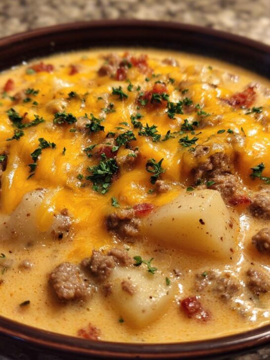 Close-up of a hearty bowl of Cheeseburger Soup With Potatoes, topped with melted cheddar and fresh parsley.
