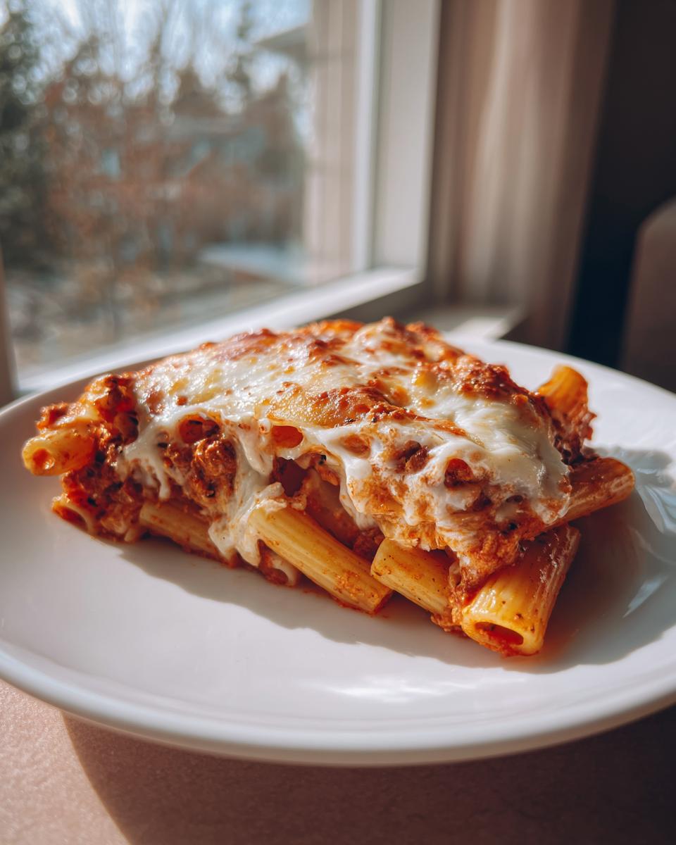 A close-up serving of cheesy Baked Ziti Recipe with rich tomato sauce and melted mozzarella.