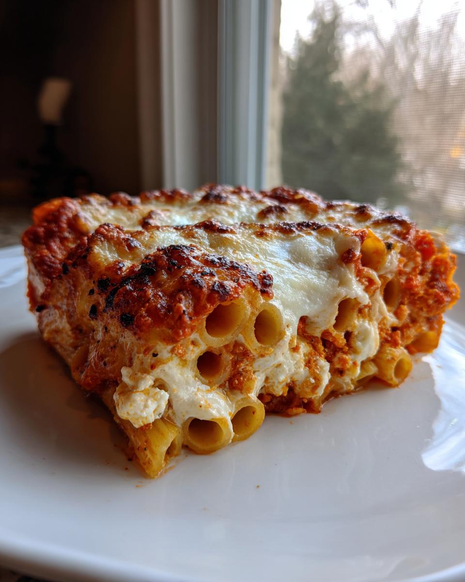 A close-up slice of cheesy, bubbly Baked Ziti Recipe with browned mozzarella topping on a white plate.