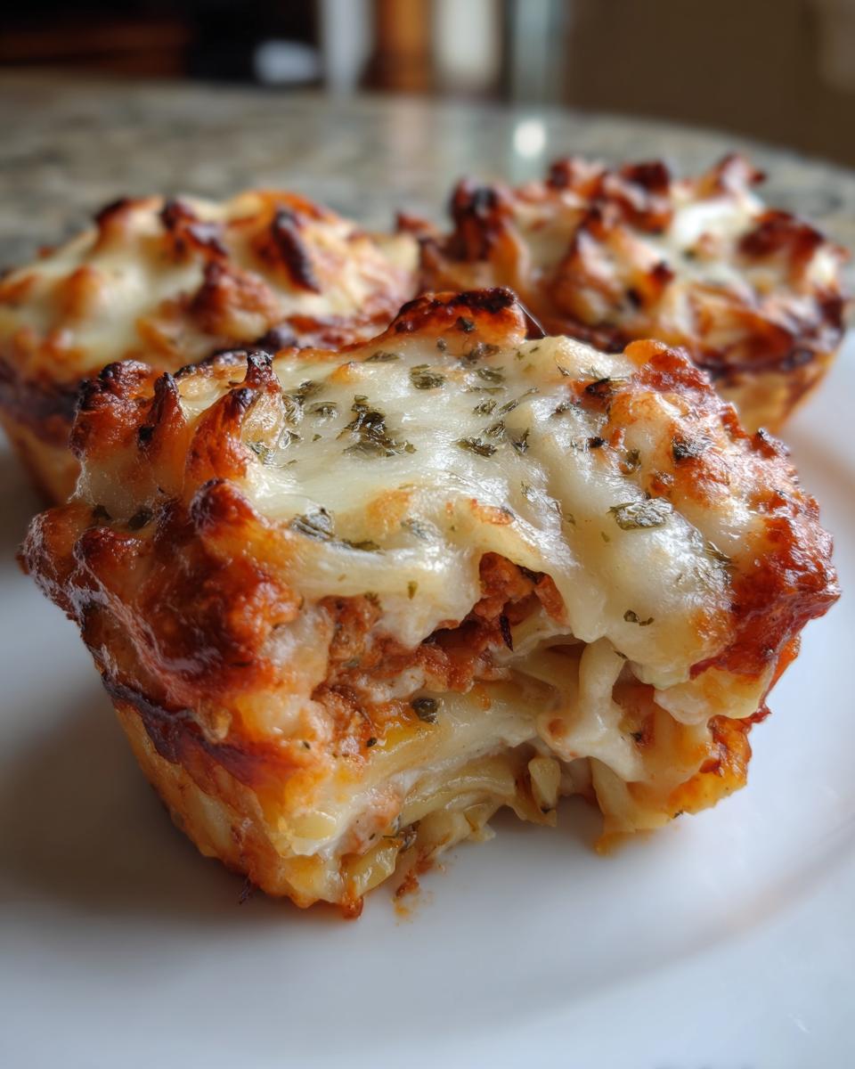 Close-up of a cheesy Lasagna Cups portion on a white plate, showing layers of pasta, meat sauce, and melted, browned mozzarella cheese.