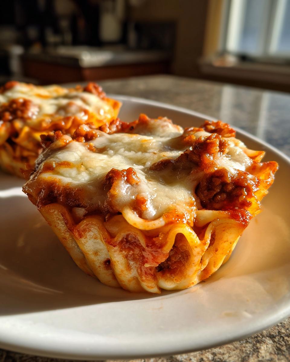 A close-up shot of freshly baked Lasagna Cups topped with melted mozzarella cheese and rich meat sauce.