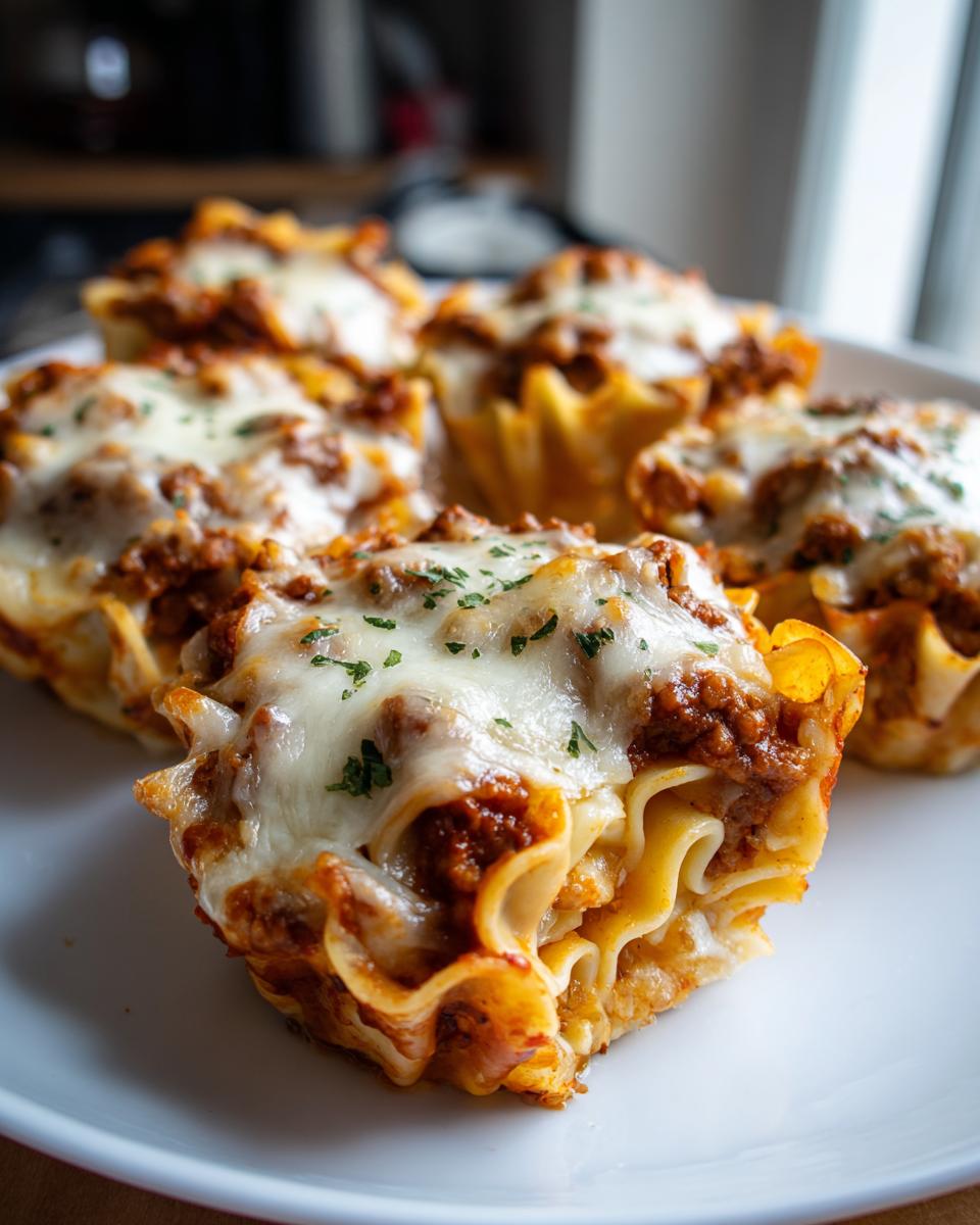 A close-up of freshly baked Lasagna Cups topped with melted mozzarella cheese and meat sauce, garnished with parsley.