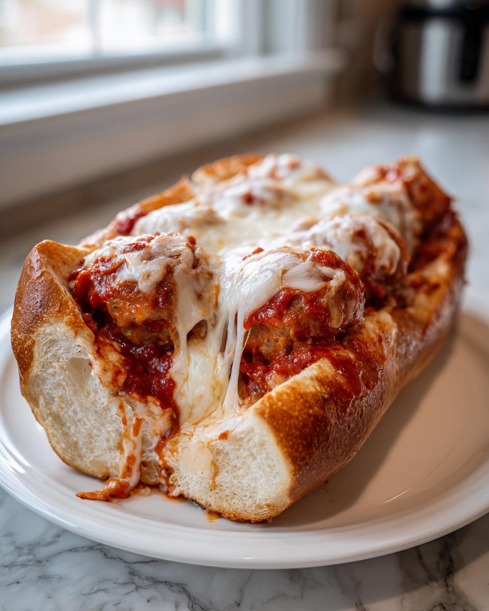 A close-up of a hearty Meatball Subs sandwich overflowing with meatballs, marinara sauce, and melted, stretchy mozzarella cheese.