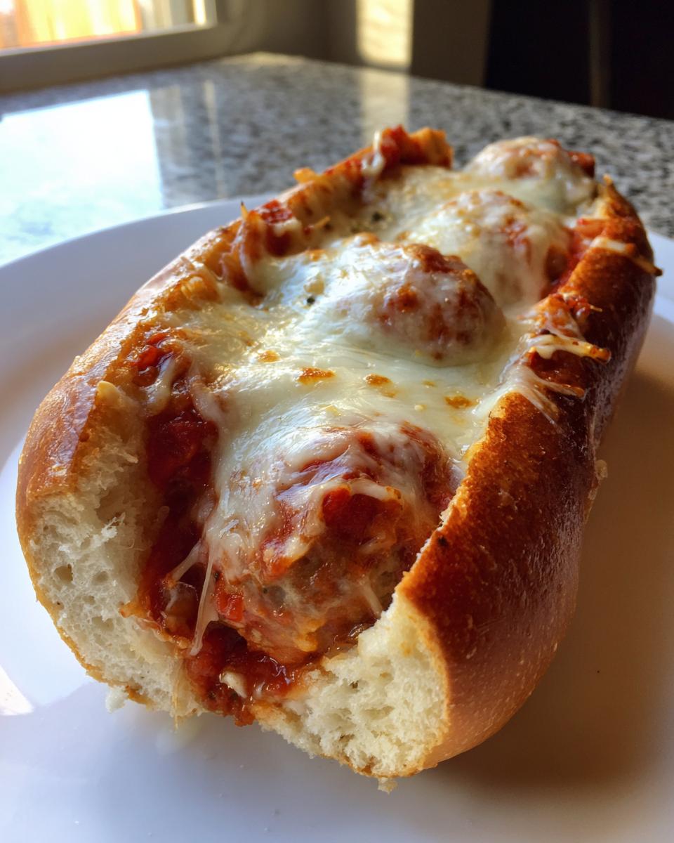 A close-up of a hearty Meatball Sub filled with meatballs, marinara sauce, and melted mozzarella cheese.