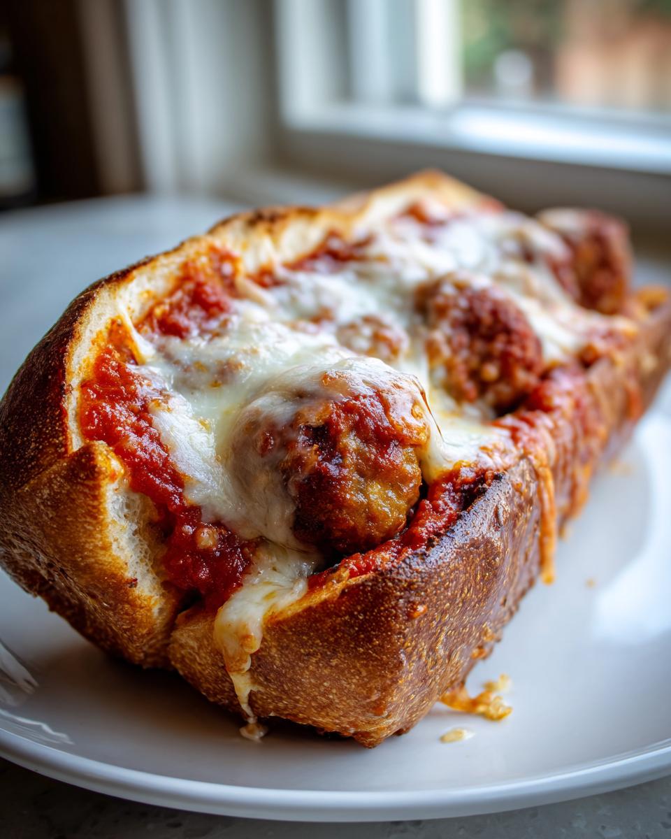 Close-up of a delicious Meatball Subs sandwich stuffed with meatballs, marinara sauce, and melted mozzarella cheese.