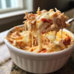 A fork lifts a cheesy, stringy portion of Mexican Style Chicken Queso Dip from a white ramekin.