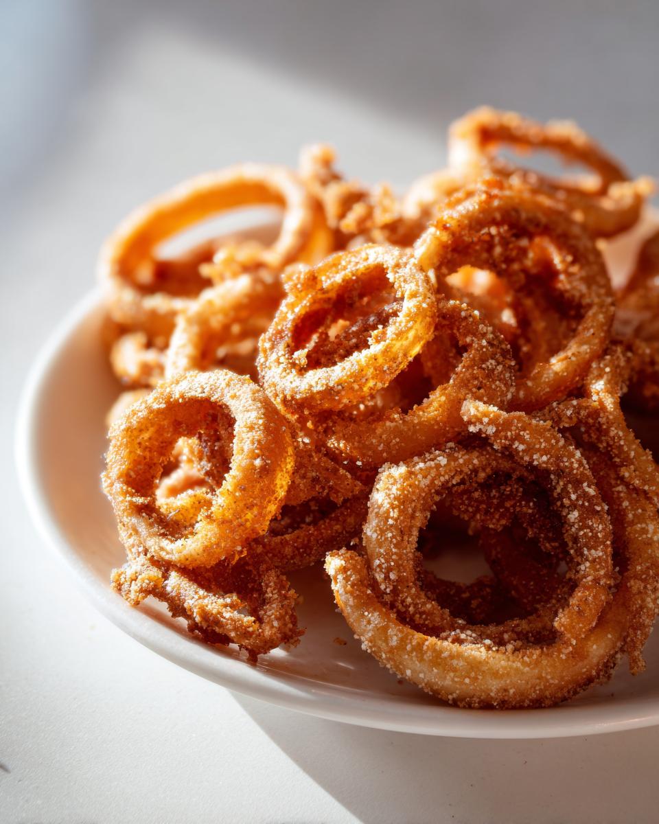 A pile of golden brown, seasoned Cheesy Onion Ring Chips dusted with visible seasoning on a white plate.