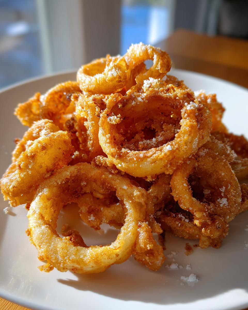 A close-up of crispy, golden Cheesy Onion Ring Chips dusted with white seasoning on a white plate.