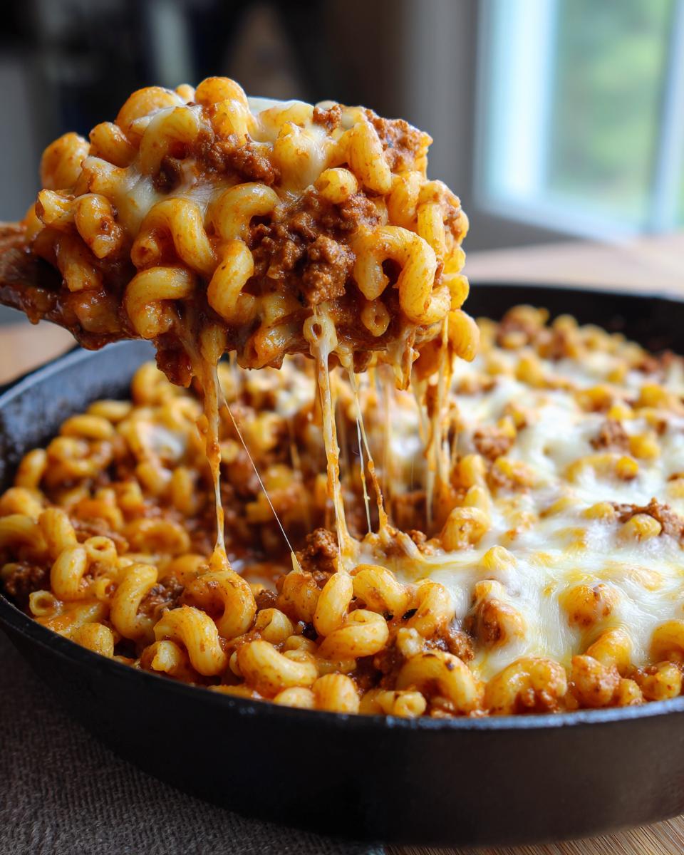 A wooden spoon lifts a scoop of Cheesy Taco Pasta Skillet, showing long, stretchy strings of melted cheese.