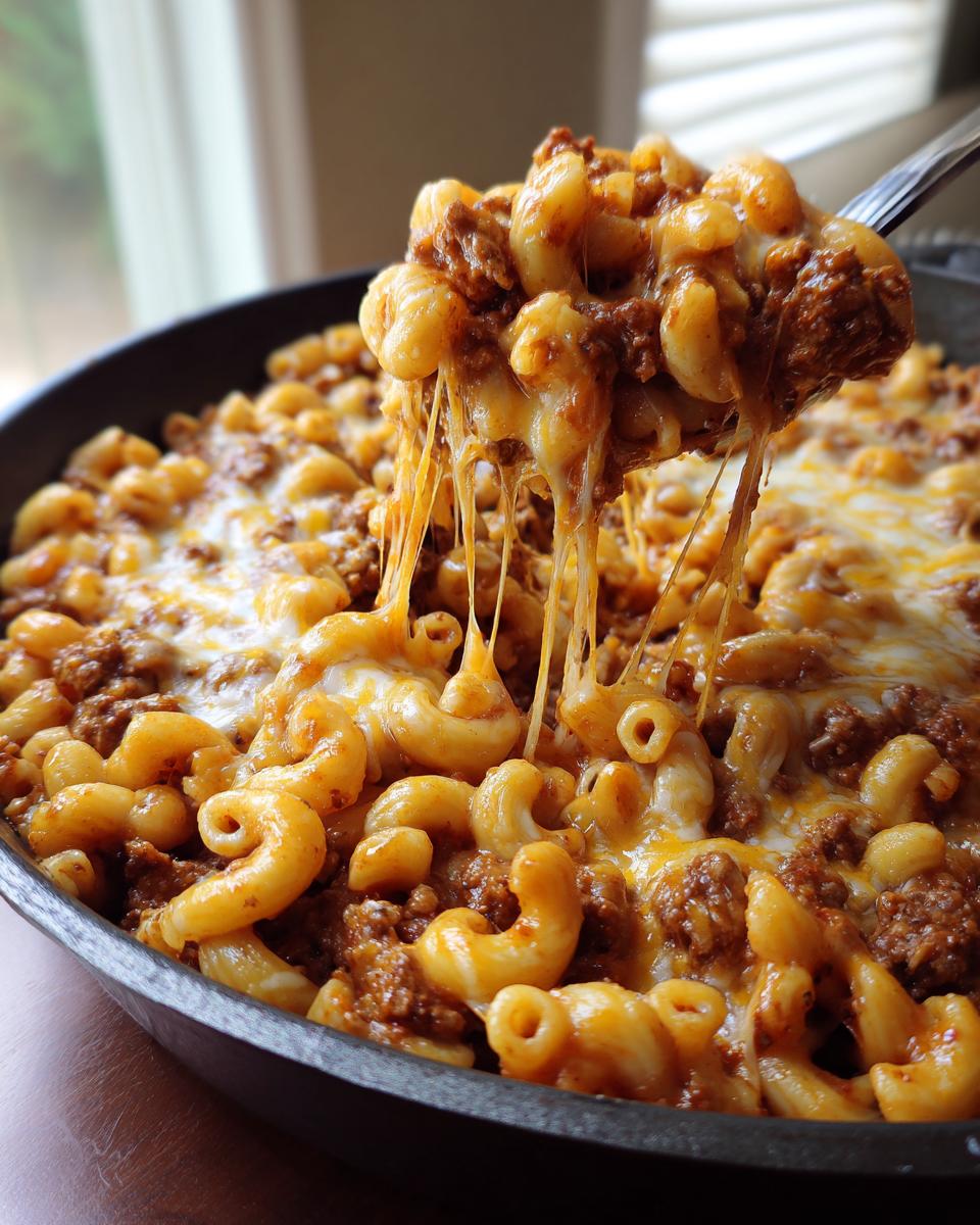 A spoonful of Cheesy Taco Pasta Skillet showing melted, stringy cheese pulling away from the macaroni and seasoned ground beef.