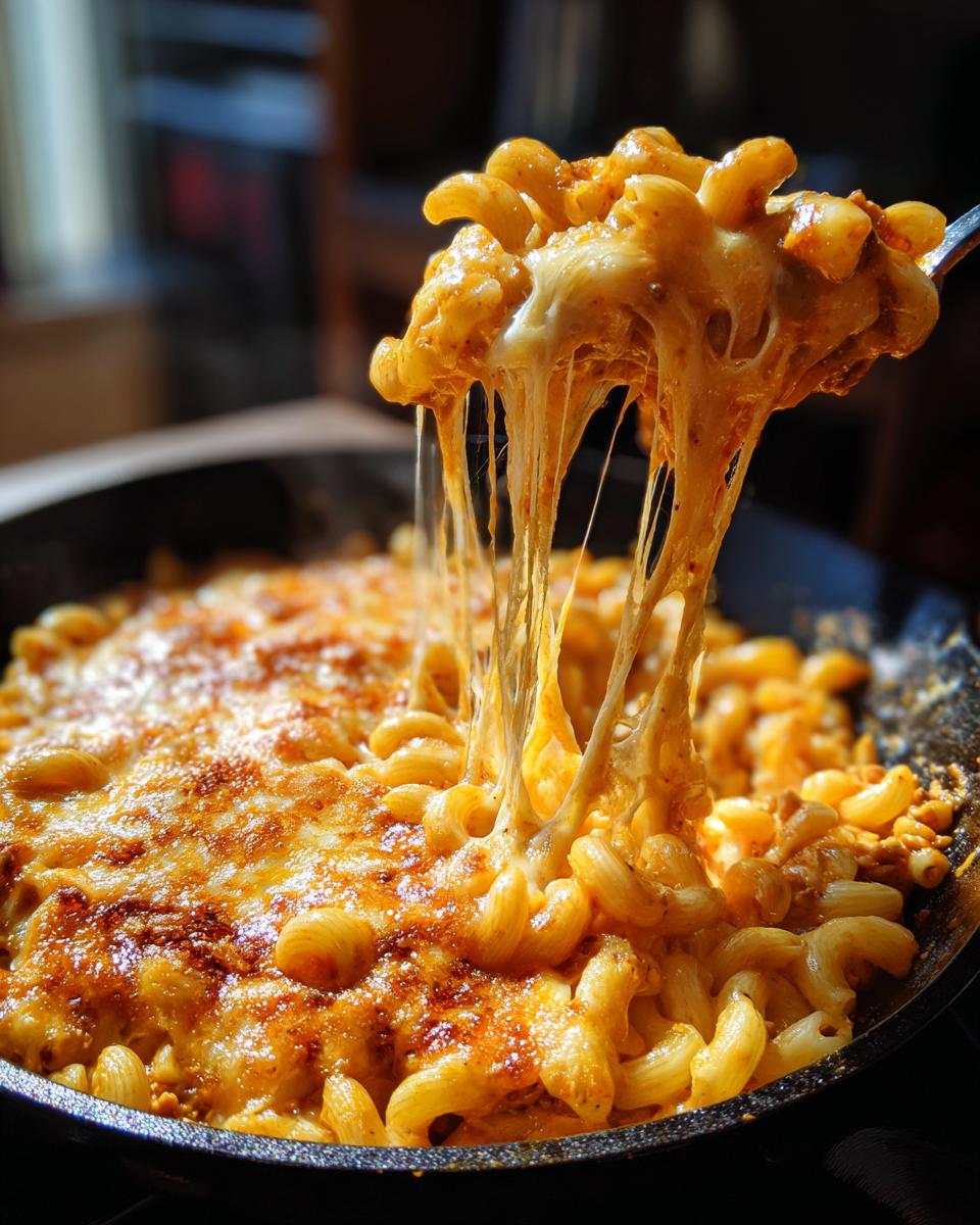 A spoonful of Cheesy Taco Pasta Skillet showing extreme cheese pull over the main dish in the skillet.