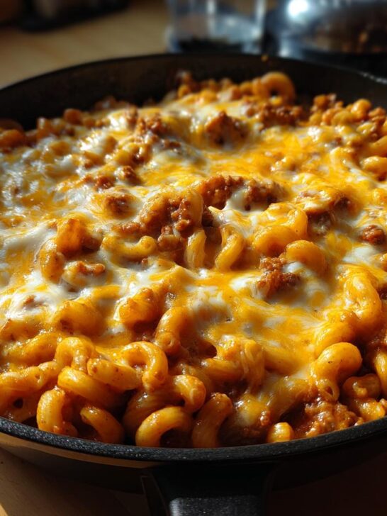 Close-up of Cheesy Taco Pasta Skillet with melted cheddar and Monterey Jack cheese topping in a black skillet.