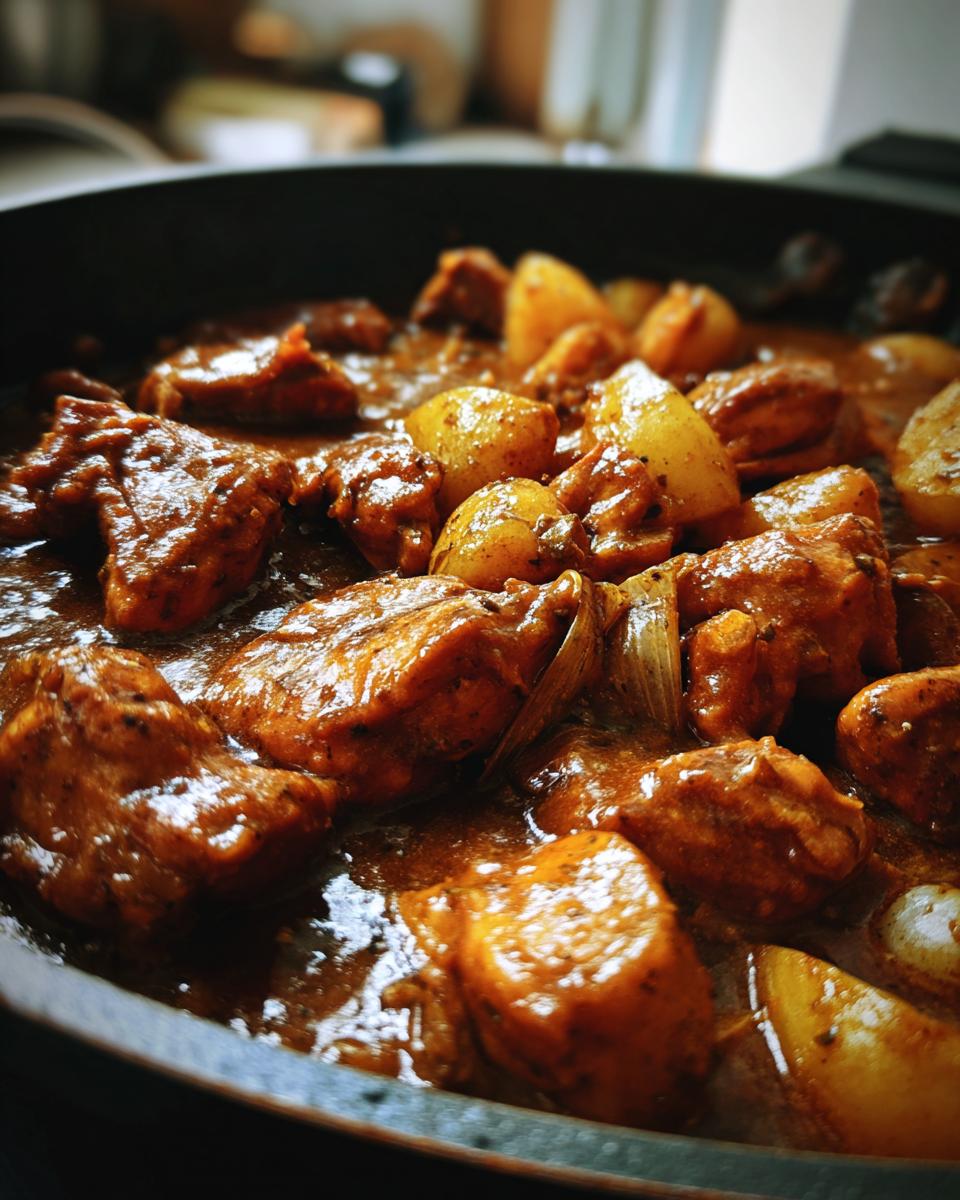 Close-up of rich, dark gravy covering chunks of chicken and potatoes in a skillet, showcasing Chicken And Potatoes With Gravy.