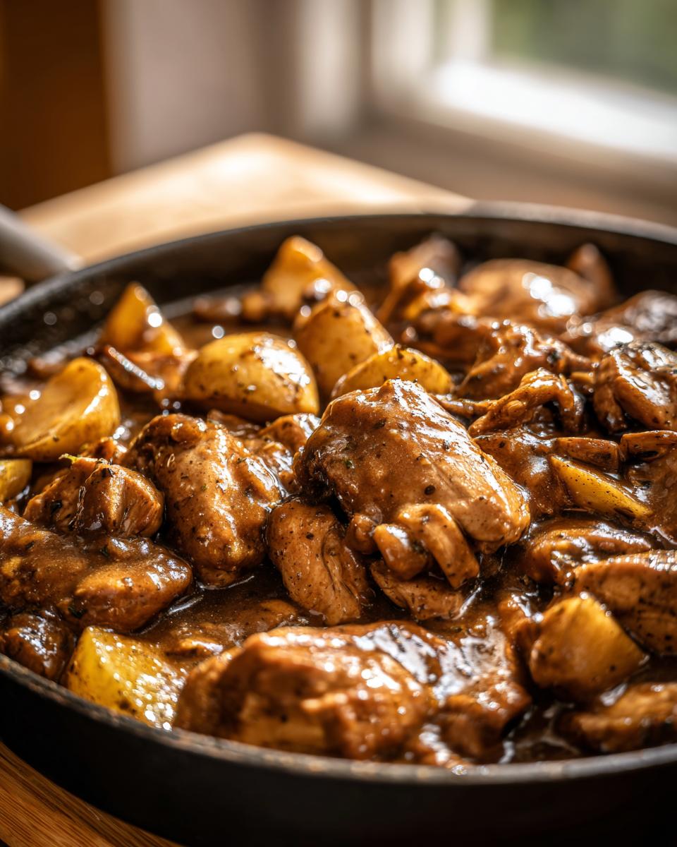 Close-up of tender chicken pieces and roasted potatoes smothered in dark, rich gravy, part of the Chicken And Potatoes With Gravy recipe.