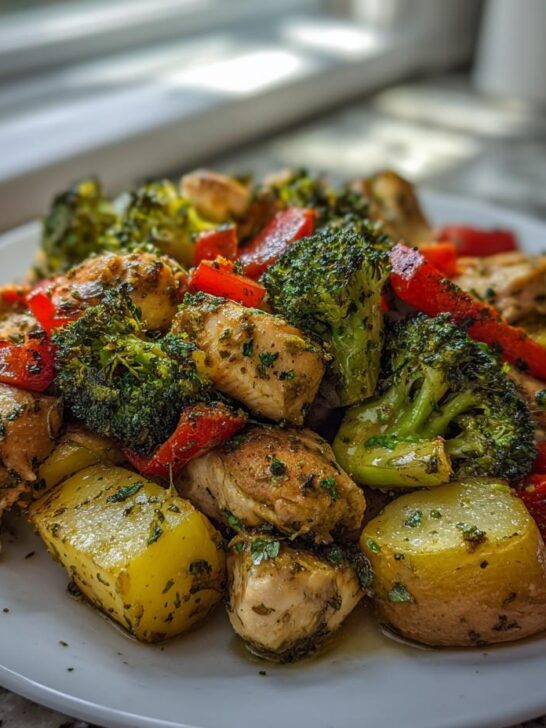 A plate of seasoned chicken, roasted potatoes, broccoli, and red peppers, perfect for Sheet Pan Dinner Recipes.