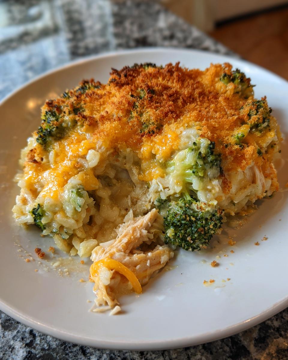 A close-up of a serving of Chicken Broccoli Rice Cheese Casserole with a golden, crispy topping.