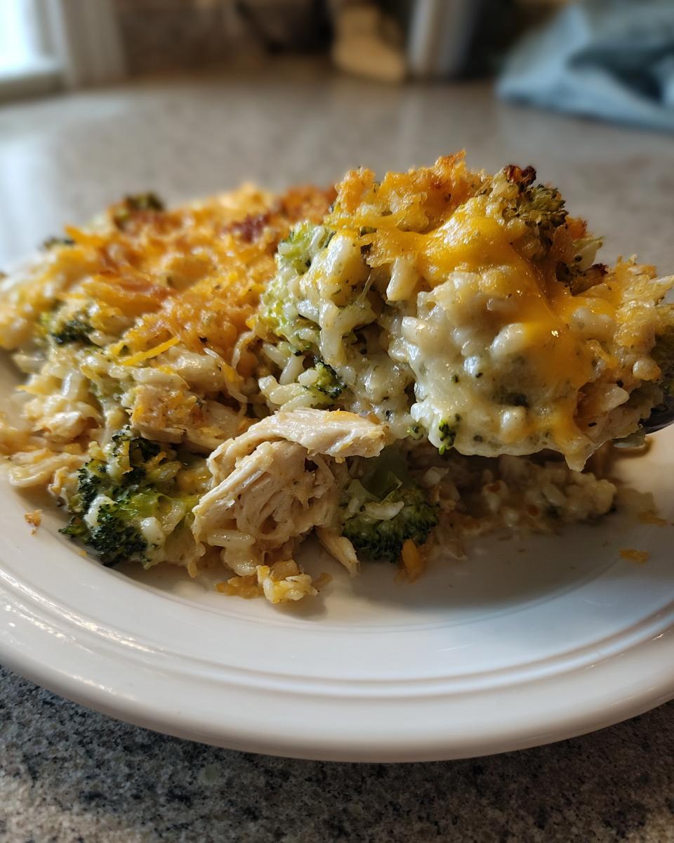 A spoonful of creamy Chicken Broccoli Rice Cheese Casserole topped with melted cheddar cheese.