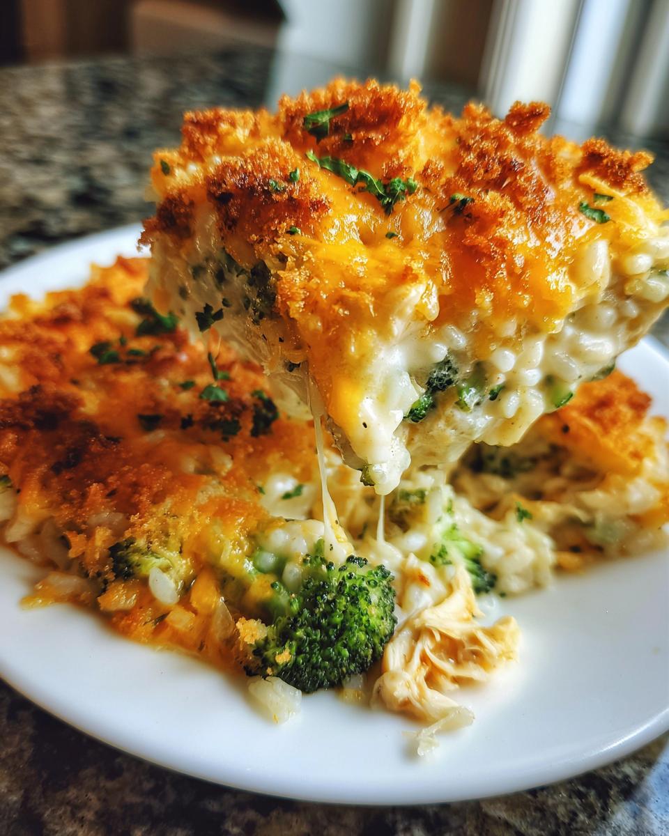 A serving of Chicken Broccoli Rice Cheese Casserole being lifted, showing melted cheese pull, broccoli, and crispy topping.