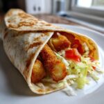 A close-up view of a freshly made Chicken Nugget Wrap filled with crispy nuggets, shredded lettuce, and diced tomatoes.