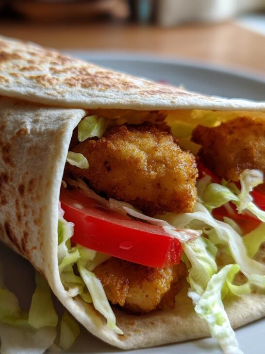 Close-up of a freshly made Chicken Nugget Wrap filled with crispy nuggets, shredded lettuce, and tomato slices.
