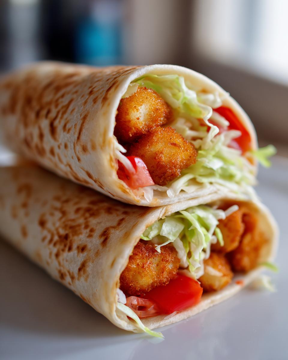 Two halves of a delicious Chicken Nugget Wrap stacked, showing crispy nuggets, lettuce, and tomato inside a toasted tortilla.