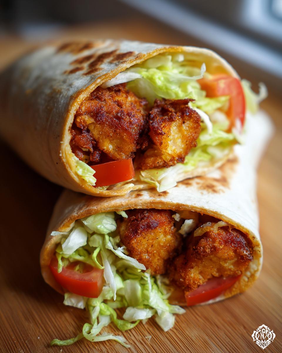 Two halves of a delicious Chicken Nugget Wrap stacked, showing crispy nuggets, lettuce, and tomato inside a toasted tortilla.