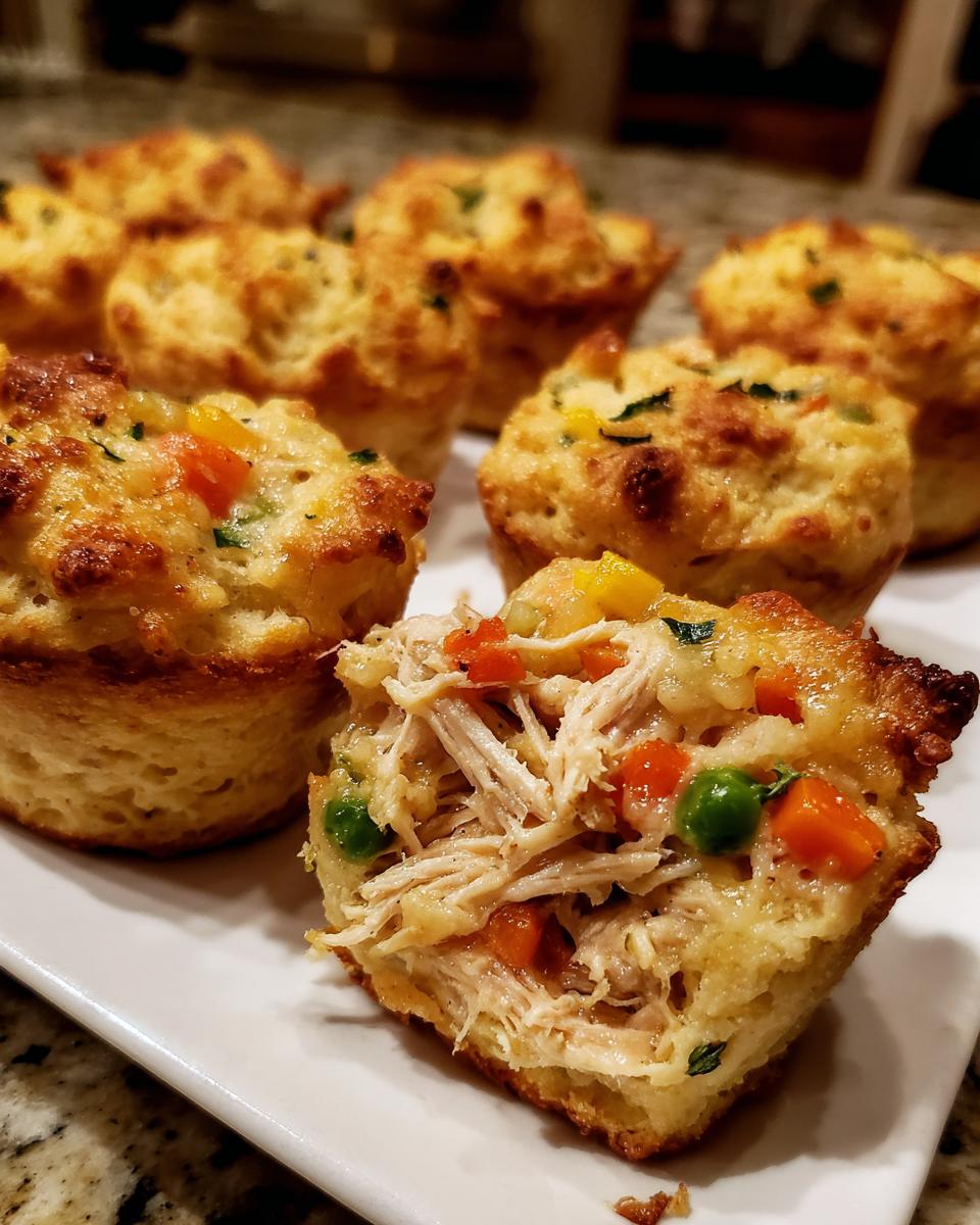 Close-up of Chicken Pot Pie Bites with one cut open showing shredded chicken, peas, and carrots filling.