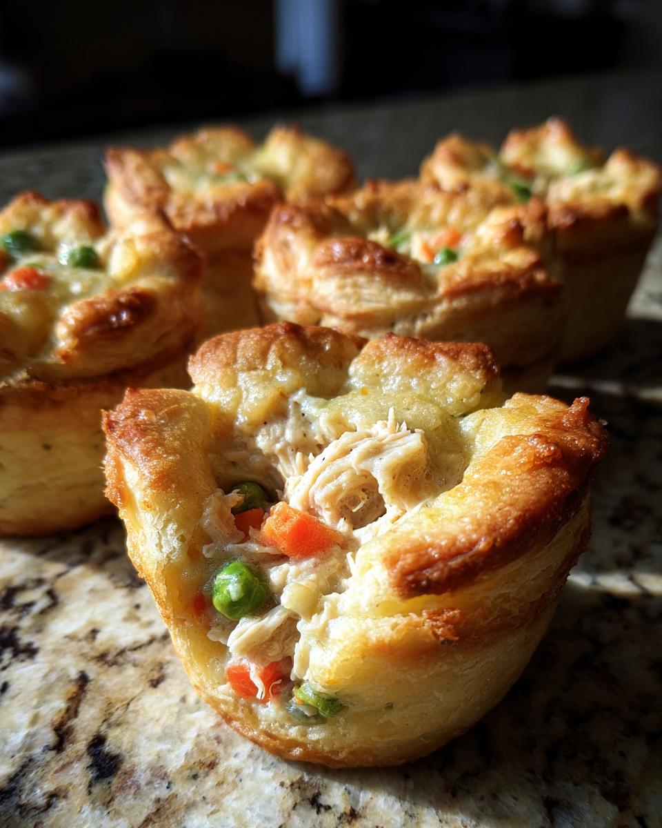A close-up of one of the golden-brown Chicken Pot Pie Bites With Biscuits, showing shredded chicken, peas, and carrots filling.