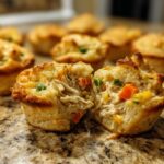 A close-up of one of the Chicken Pot Pie Bites With Biscuits cut in half, showing shredded chicken and vegetables inside a biscuit crust.
