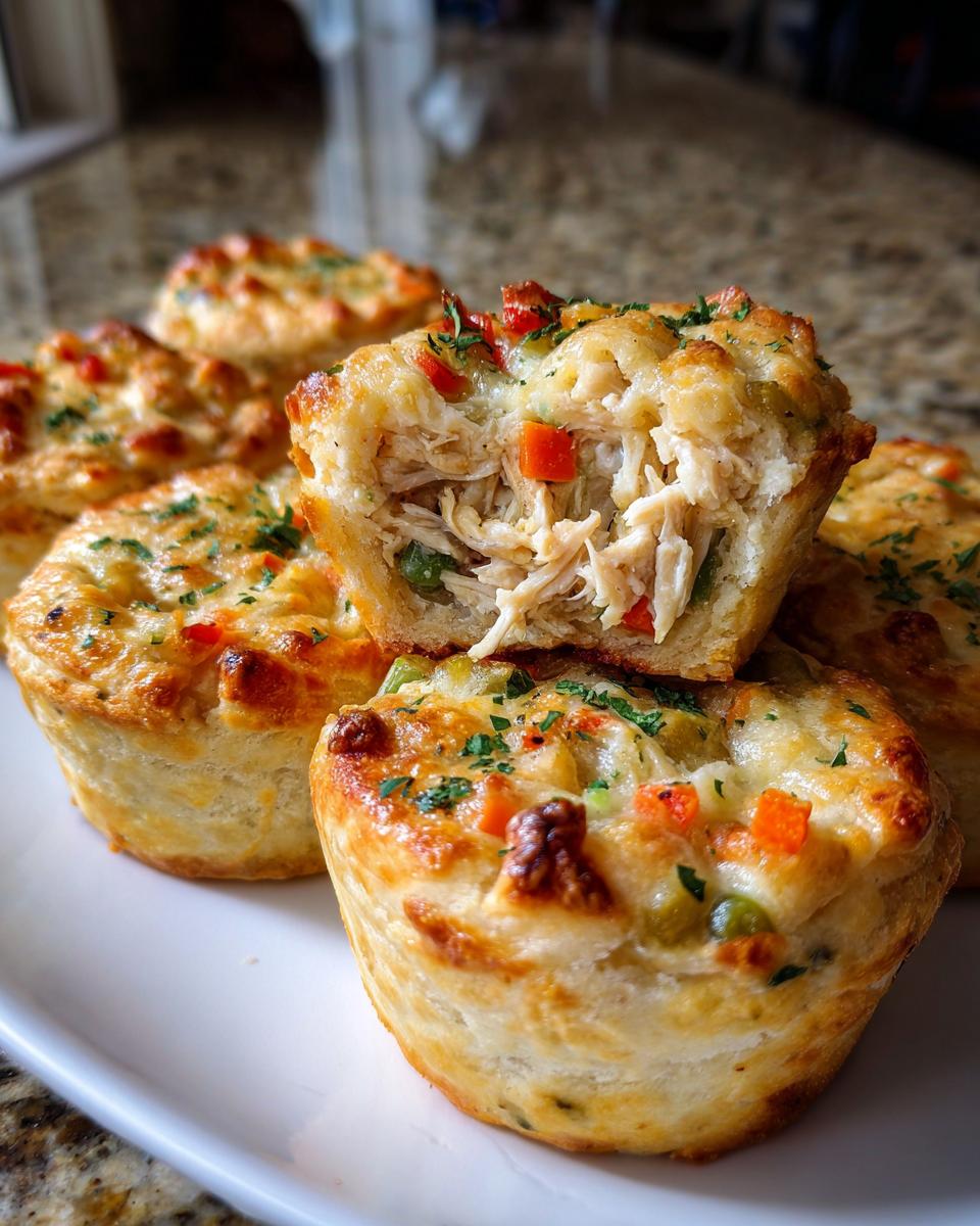 A stack of golden-brown Chicken Pot Pie Bites With Biscuits, one cut open revealing shredded chicken and vegetables inside.