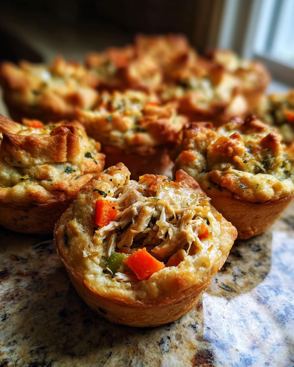 A close-up of one of the Chicken Pot Pie Bites With Biscuits, showing shredded chicken and diced carrots inside a golden biscuit cup.