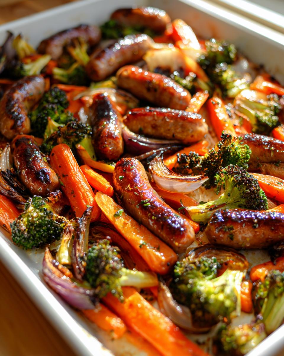 Close-up of browned chicken sausage and roasted vegetables like carrots, broccoli, and onions on a sheet pan.