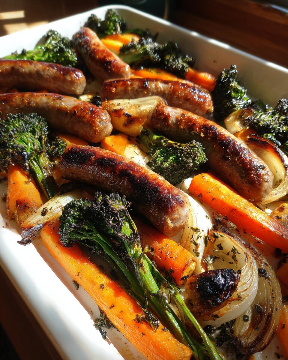 Close-up of browned chicken sausage links roasted with carrots, broccoli, and onions on a white sheet pan.