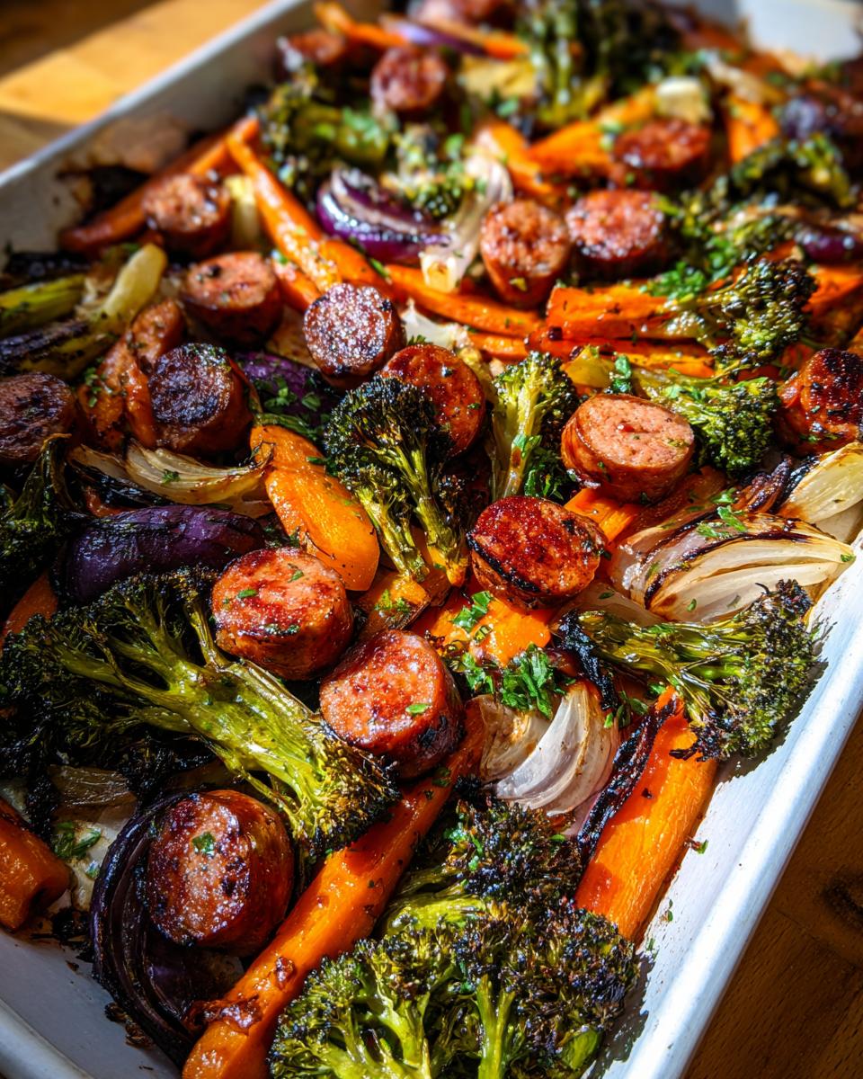 Close-up of perfectly roasted Chicken Sausage And Veggies Sheet Pan with charred broccoli, carrots, and onions.