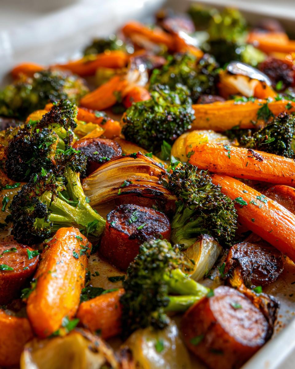 Close-up of roasted carrots, broccoli, and sliced chicken sausage on a sheet pan, part of the Chicken Sausage And Veggies Sheet Pan.