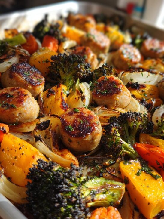 Close-up of roasted Chicken Sausage And Veggies Sheet Pan featuring browned sausage, charred broccoli, onions, and carrots.