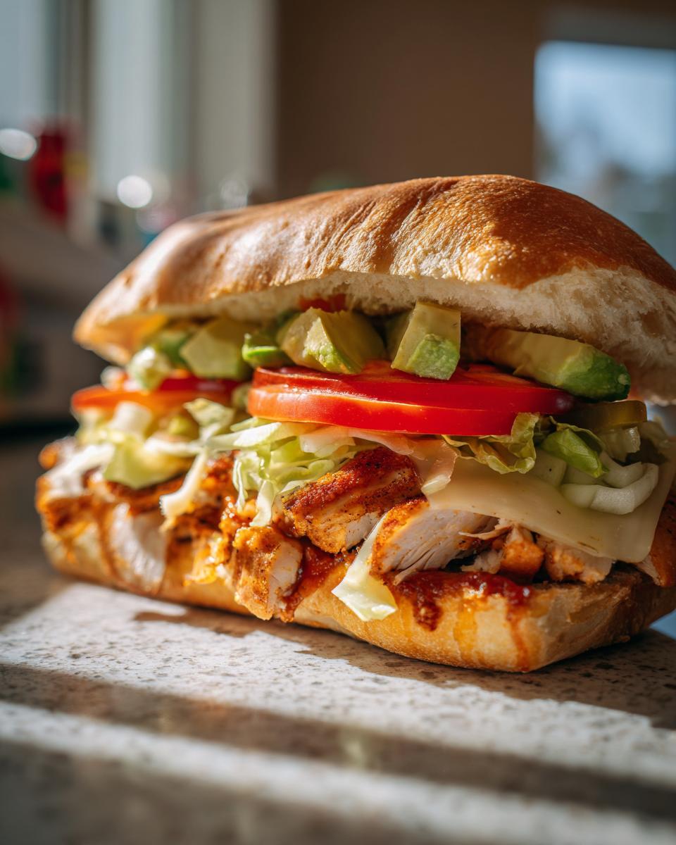 Close-up of a fully loaded Chicken Torta Sandwich with seasoned chicken, cheese, lettuce, tomato, and avocado.