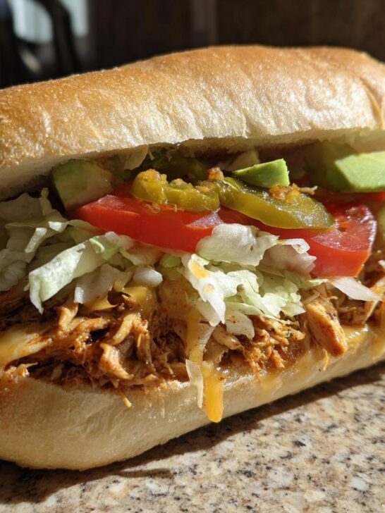 A close-up of a fully loaded Chicken Torta Sandwich featuring shredded seasoned chicken, lettuce, tomato, avocado, and jalape&ntilde;os.