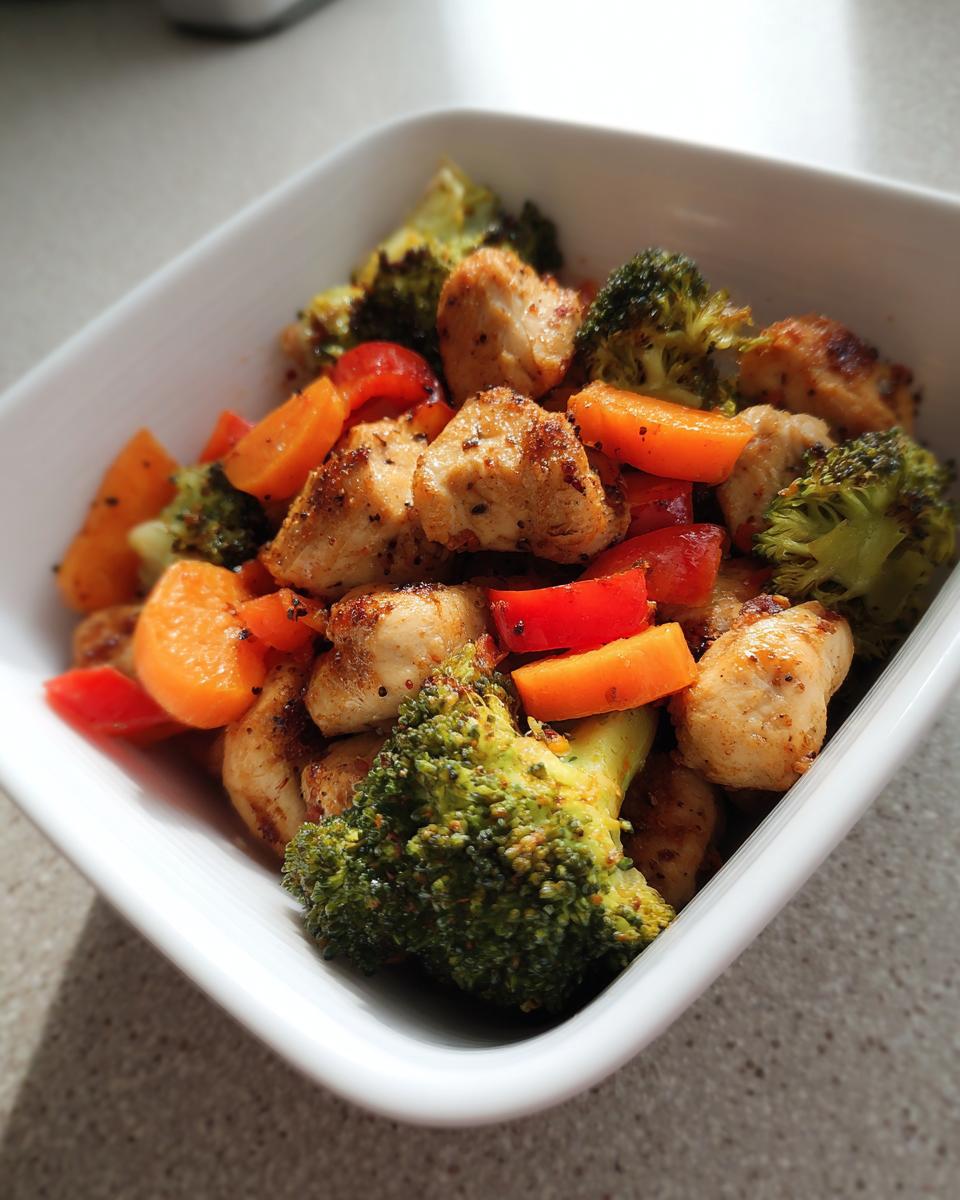 Close-up of seasoned chicken pieces mixed with broccoli, carrots, and red peppers, ideal for Meal Prep Family Of 4.