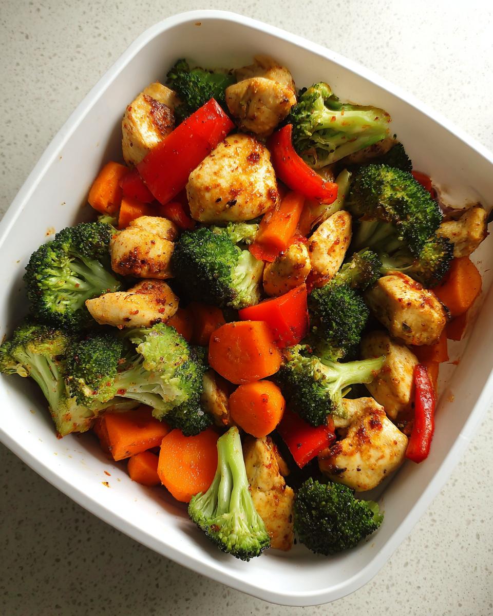 Seasoned chicken breast chunks mixed with bright broccoli, carrots, and red peppers, ready for Meal Prep Family Of 4.