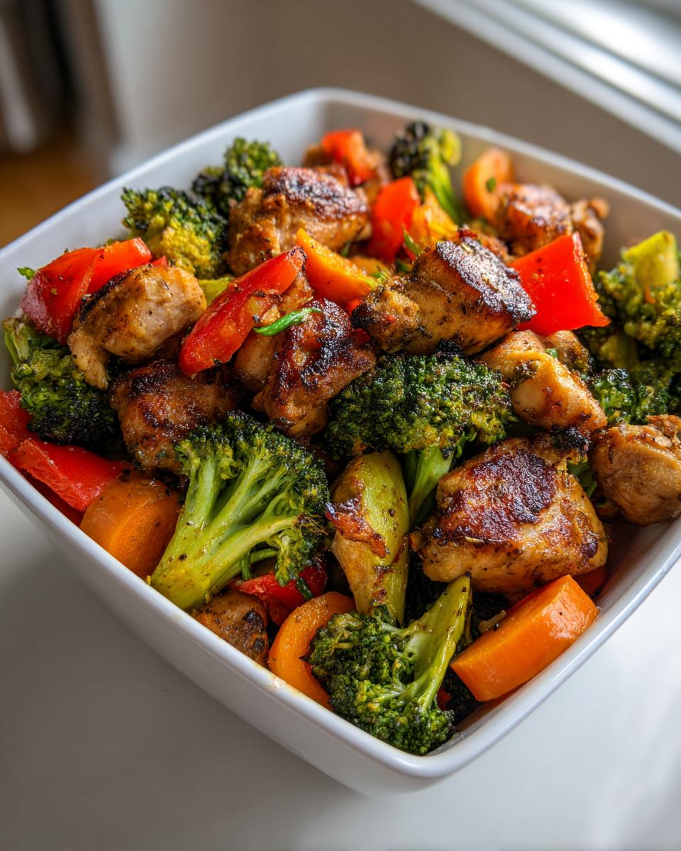 A white bowl filled with seasoned chicken pieces, bright green broccoli, and orange bell peppers, perfect for Meal Prep Family Of 4.
