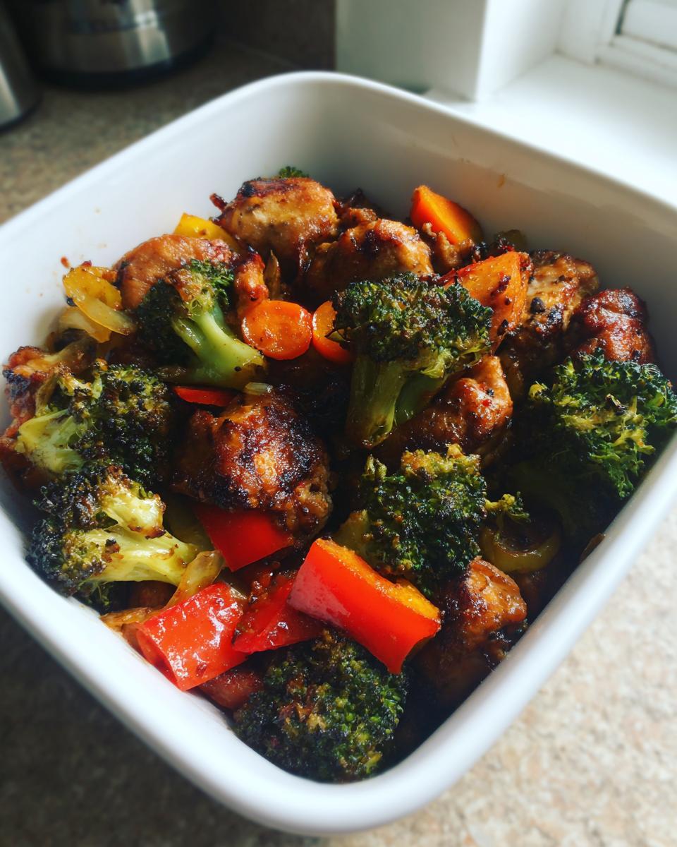 Close-up of glazed chicken pieces mixed with broccoli, carrots, and red peppers, ready for Meal Prep Family Of 4.