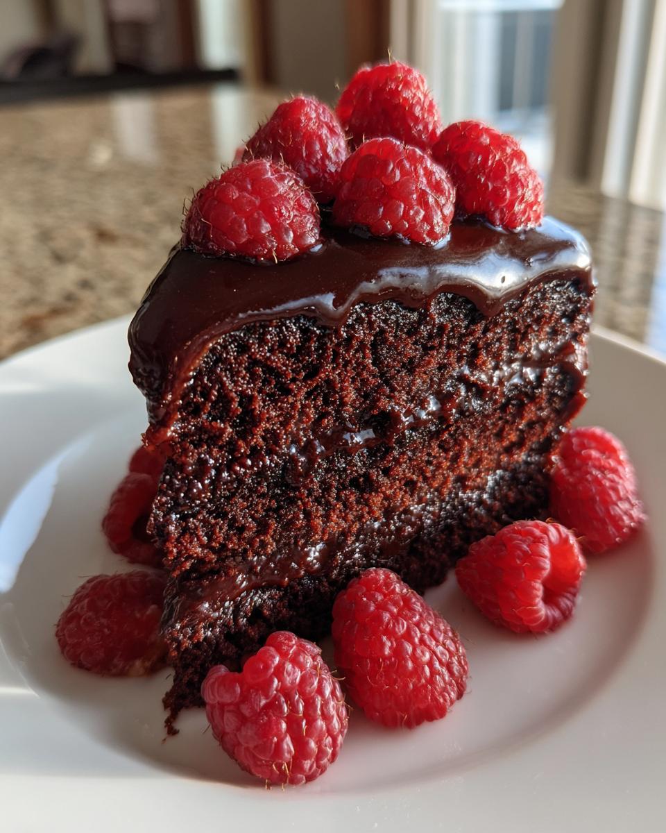 A decadent slice of Chocolate Cake With Chocolate Ganache And Raspberries, topped and surrounded by fresh red raspberries.