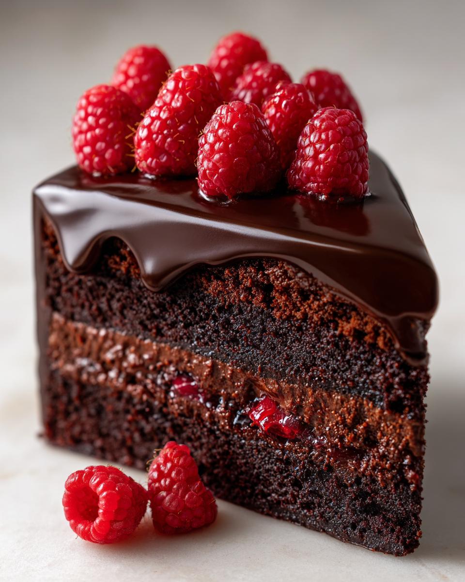 Close-up of a rich slice of Chocolate Cake With Chocolate Ganache And Raspberries Recipe, topped with fresh berries.