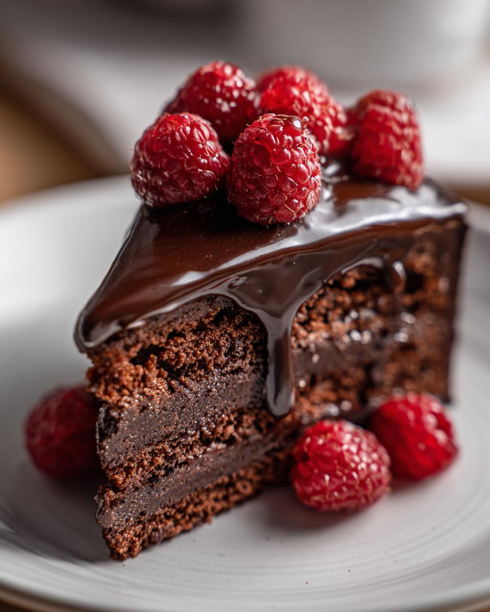 A decadent slice of Chocolate Cake With Chocolate Ganache And Raspberries Recipe, topped with glossy ganache and fresh berries.