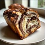 Close-up of a thick slice of Chocolate Marble Asian Bread showing soft white dough swirled with rich dark chocolate filling.