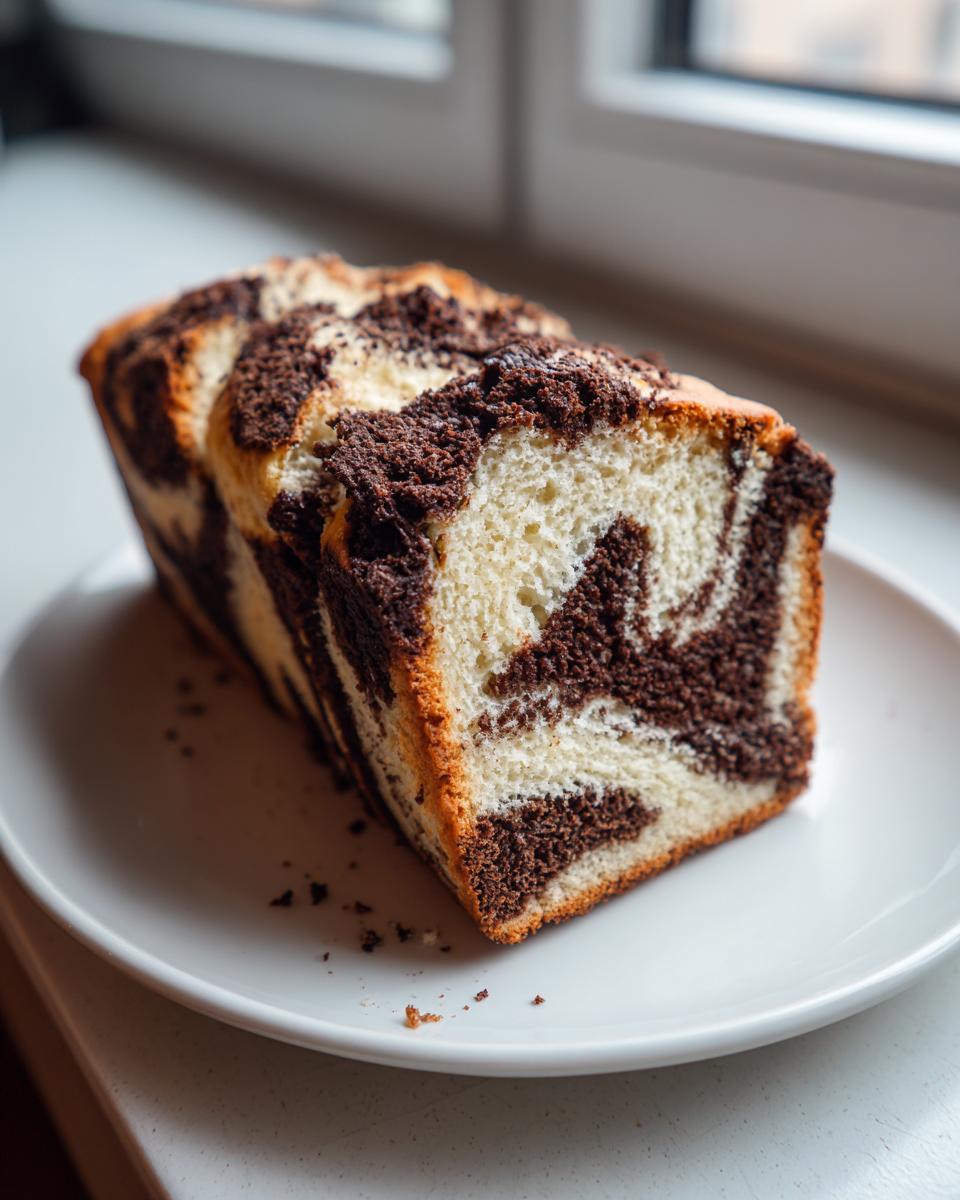 Close-up of thick slices of Chocolate Marble Asian Bread showing the beautiful swirl pattern on a white plate.