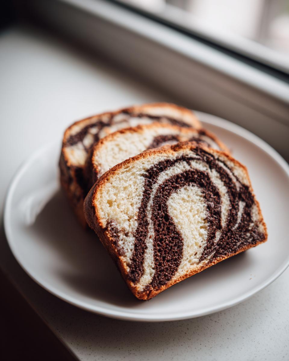 Three slices of soft Chocolate Marble Asian Bread showing a beautiful swirl pattern on a white plate.