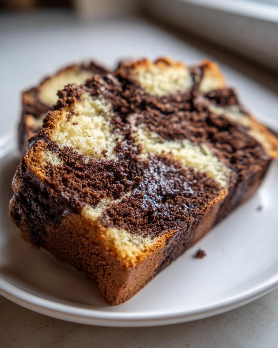 Close-up of two slices of Chocolate Marble Asian Bread Recipe showing the swirl pattern.